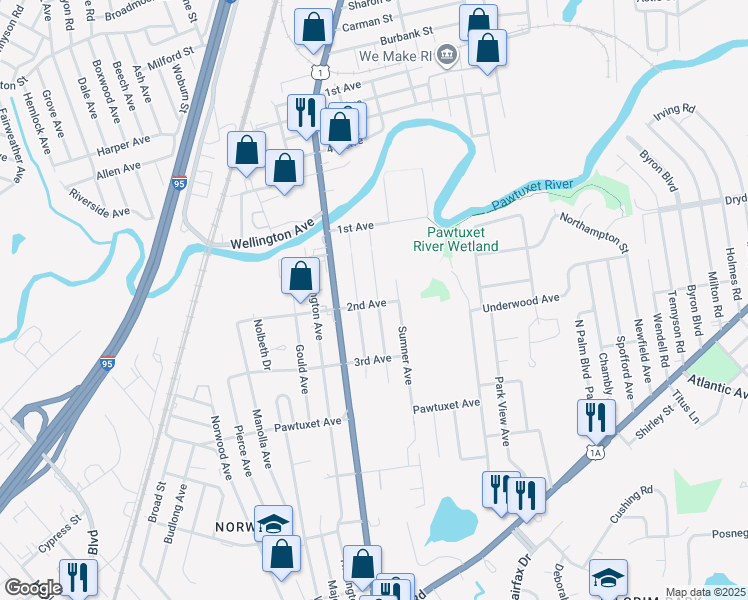 map of restaurants, bars, coffee shops, grocery stores, and more near 148 Wingate Avenue in Warwick