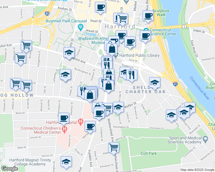 map of restaurants, bars, coffee shops, grocery stores, and more near 298 Main Street in Hartford