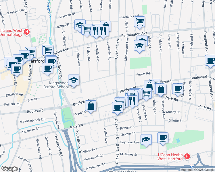 map of restaurants, bars, coffee shops, grocery stores, and more near 26 Vincent Street in West Hartford