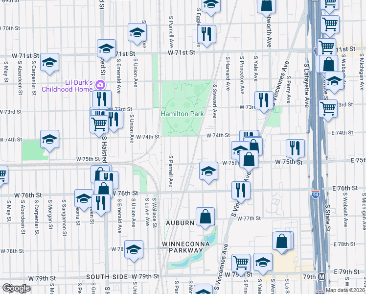 map of restaurants, bars, coffee shops, grocery stores, and more near 7440 South Normal Avenue in Chicago