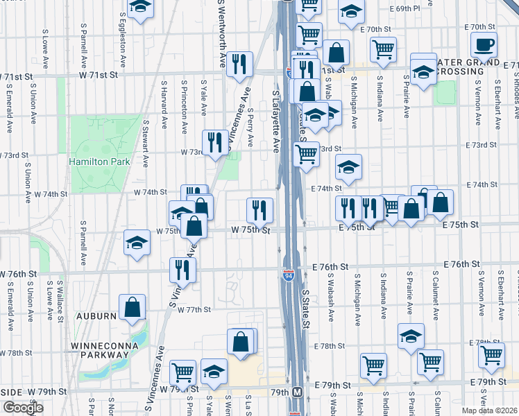 map of restaurants, bars, coffee shops, grocery stores, and more near 58 West 75th Street in Chicago