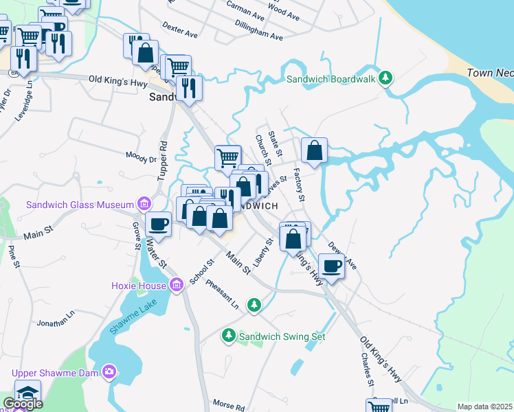 map of restaurants, bars, coffee shops, grocery stores, and more near 133 Massachusetts 6A in Sandwich