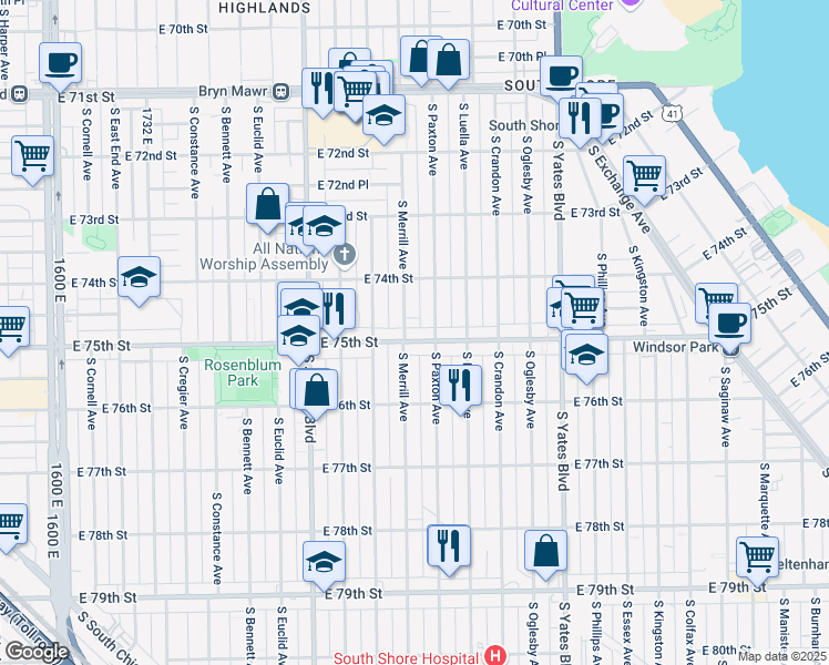 map of restaurants, bars, coffee shops, grocery stores, and more near 7514 South Paxton Avenue in Chicago