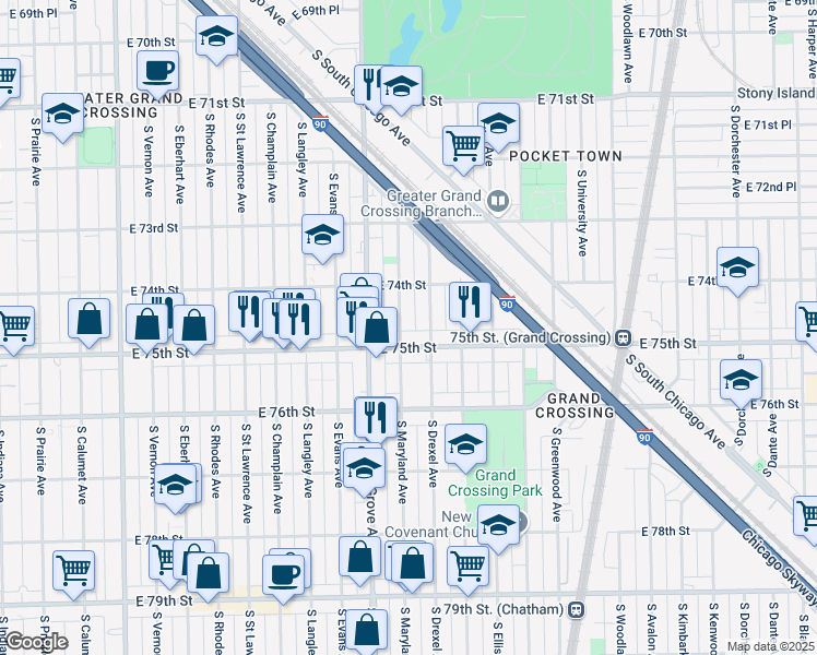 map of restaurants, bars, coffee shops, grocery stores, and more near 821 East 75th Street in Chicago