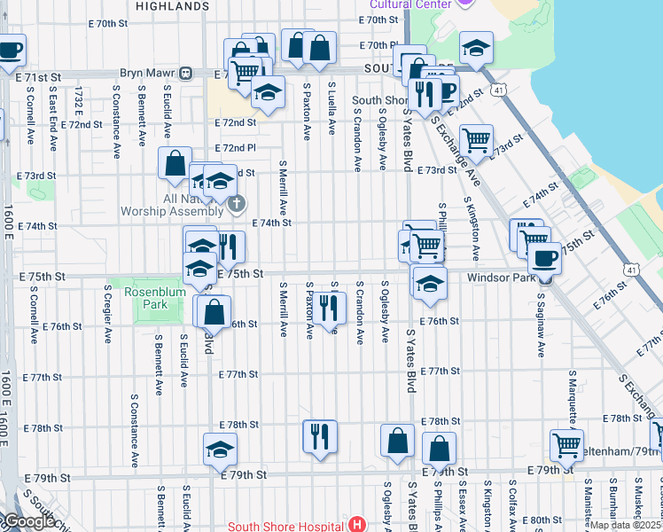 map of restaurants, bars, coffee shops, grocery stores, and more near 7450 South Luella Avenue in Chicago