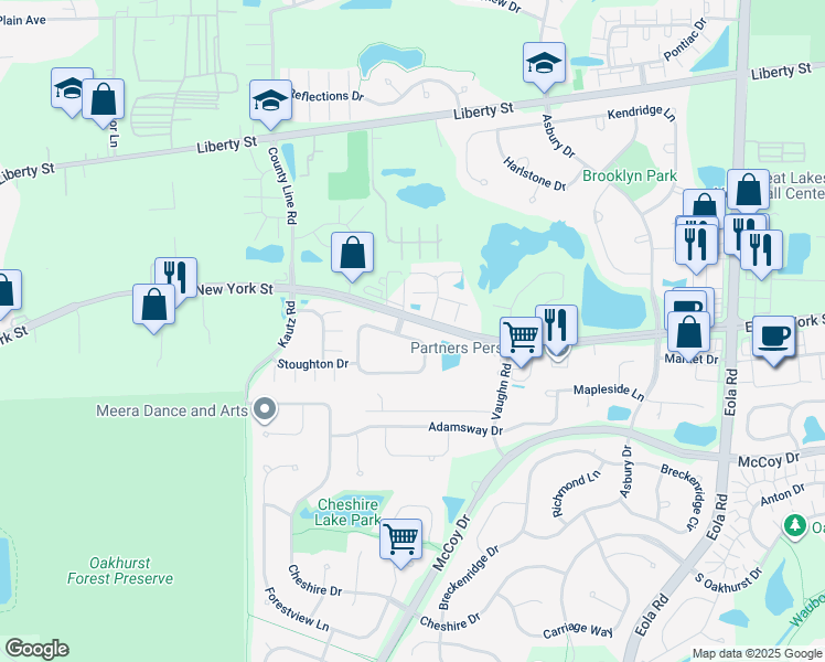 map of restaurants, bars, coffee shops, grocery stores, and more near 2489 Stoughton Circle in Aurora