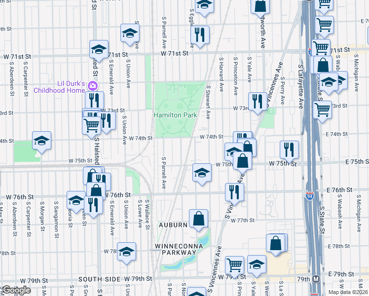map of restaurants, bars, coffee shops, grocery stores, and more near 7421 South Normal Avenue in Chicago