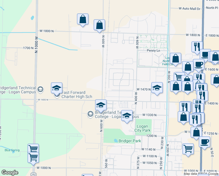 map of restaurants, bars, coffee shops, grocery stores, and more near 537 1420 North in Logan
