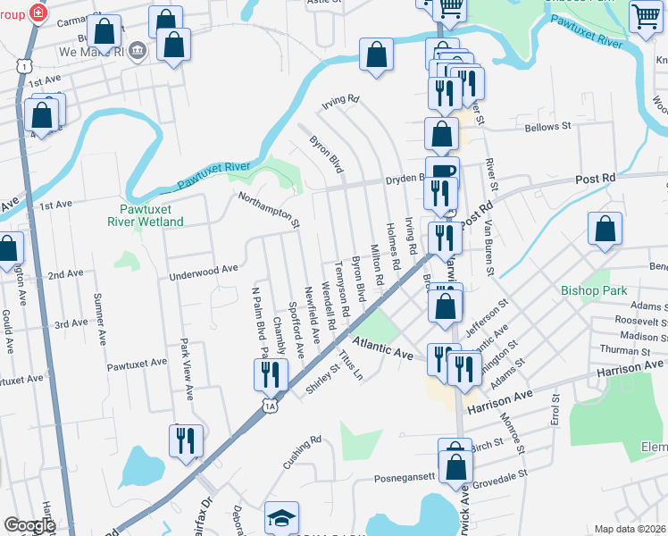 map of restaurants, bars, coffee shops, grocery stores, and more near 180 Wendell Road in Warwick