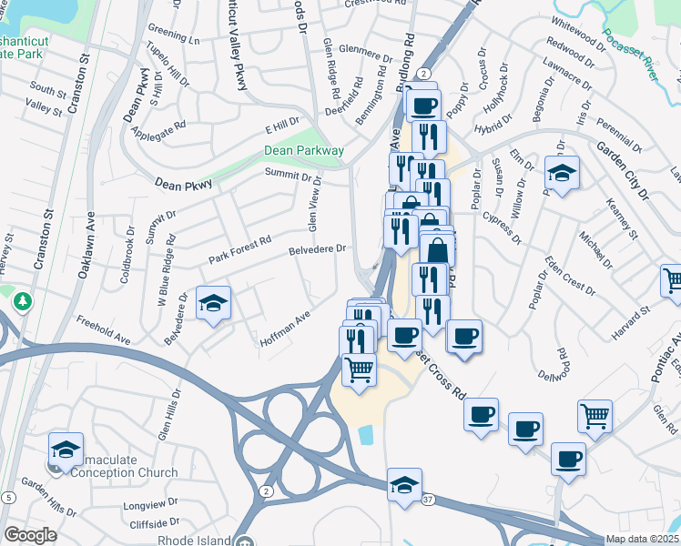 map of restaurants, bars, coffee shops, grocery stores, and more near 175 Hoffman Avenue in Cranston