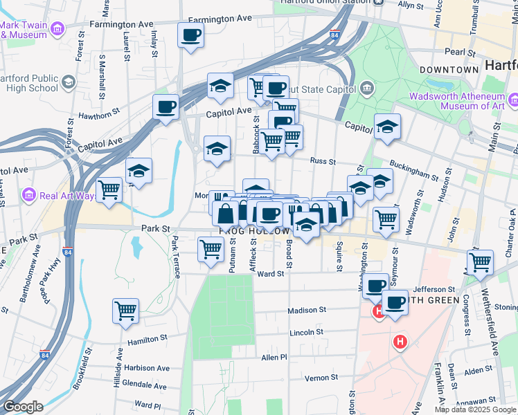 map of restaurants, bars, coffee shops, grocery stores, and more near 686 Park Street in Hartford