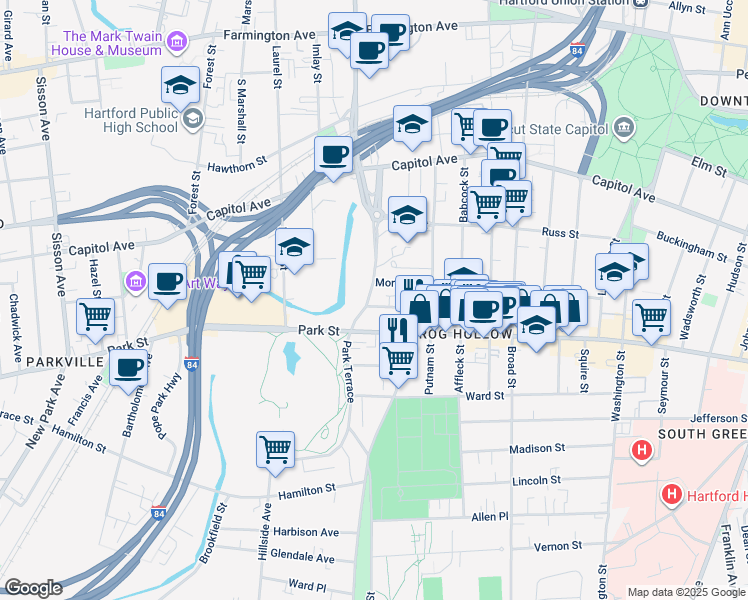 map of restaurants, bars, coffee shops, grocery stores, and more near 936 Park Street in Hartford