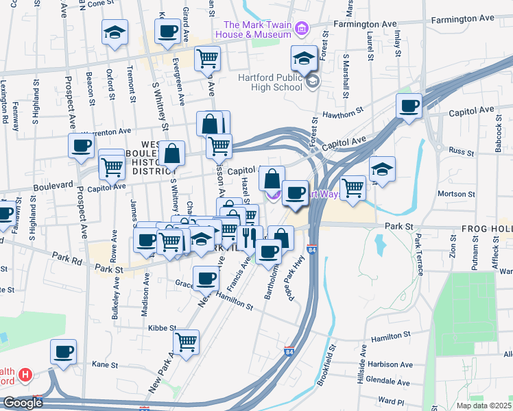 map of restaurants, bars, coffee shops, grocery stores, and more near 25 Hazel Street in Hartford