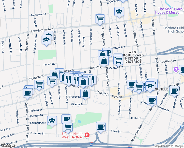 map of restaurants, bars, coffee shops, grocery stores, and more near 203 South Highland Street in West Hartford