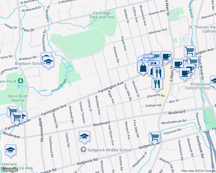 map of restaurants, bars, coffee shops, grocery stores, and more near 7 Riggs Avenue in West Hartford