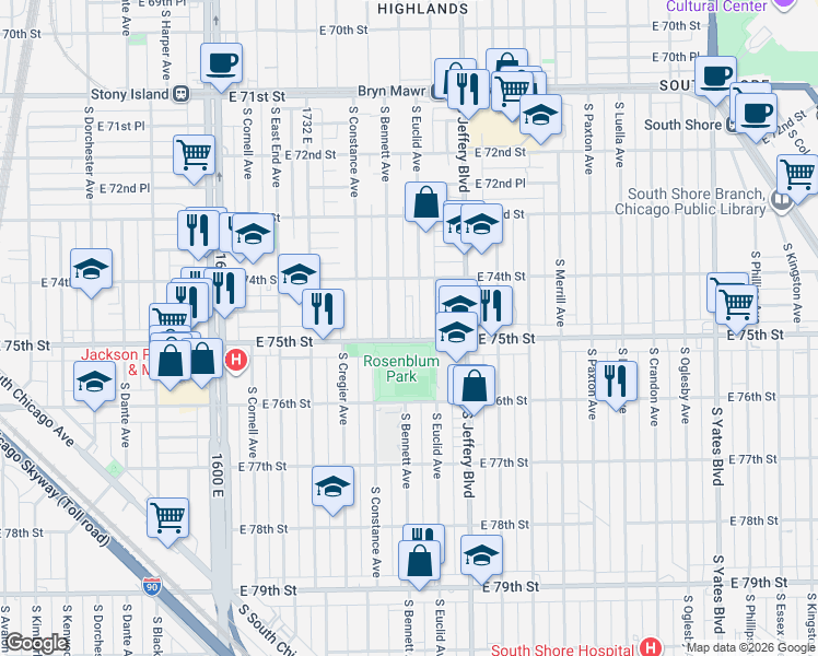 map of restaurants, bars, coffee shops, grocery stores, and more near 7517 East 75th Street in Chicago