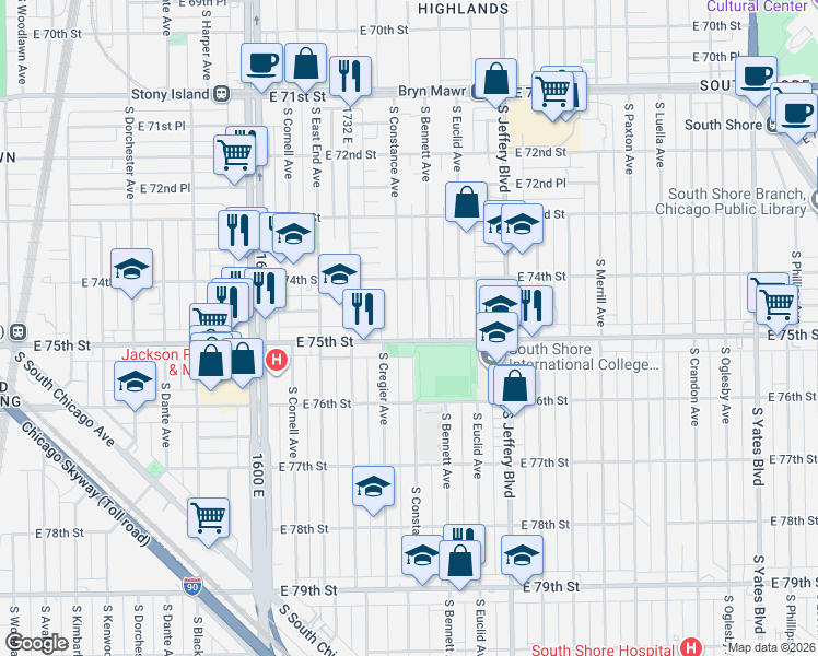 map of restaurants, bars, coffee shops, grocery stores, and more near 1852 East 75th Street in Chicago
