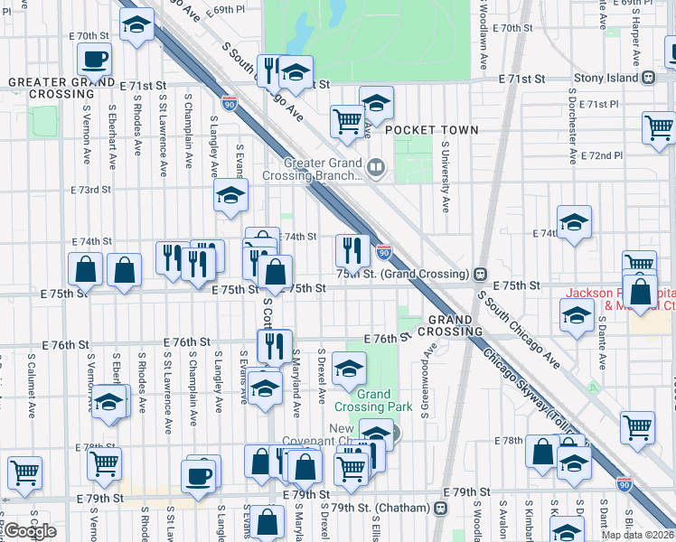 map of restaurants, bars, coffee shops, grocery stores, and more near 931 East 75th Street in Chicago