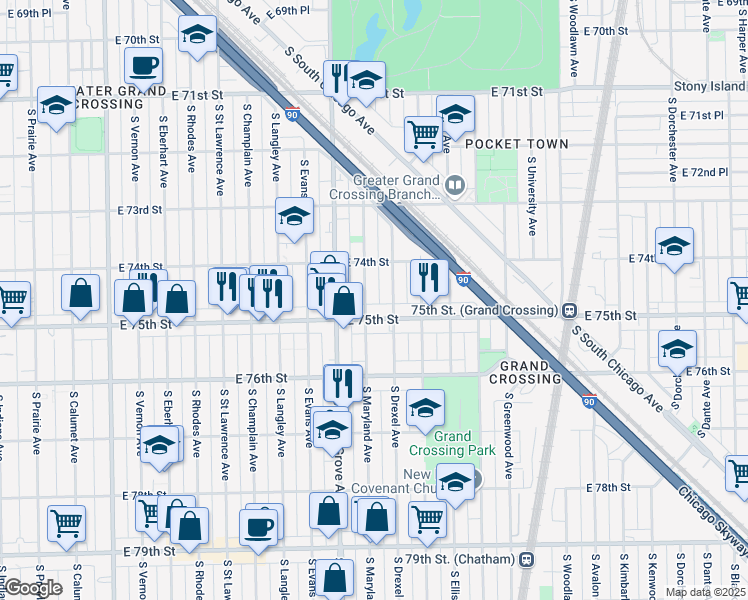 map of restaurants, bars, coffee shops, grocery stores, and more near 821 East 75th Street in Chicago