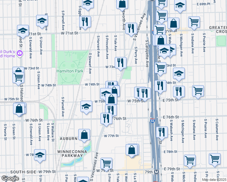 map of restaurants, bars, coffee shops, grocery stores, and more near 7448 South Vincennes Avenue in Chicago