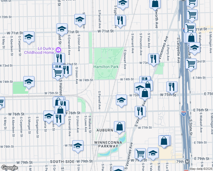 map of restaurants, bars, coffee shops, grocery stores, and more near 7440 South Normal Avenue in Chicago