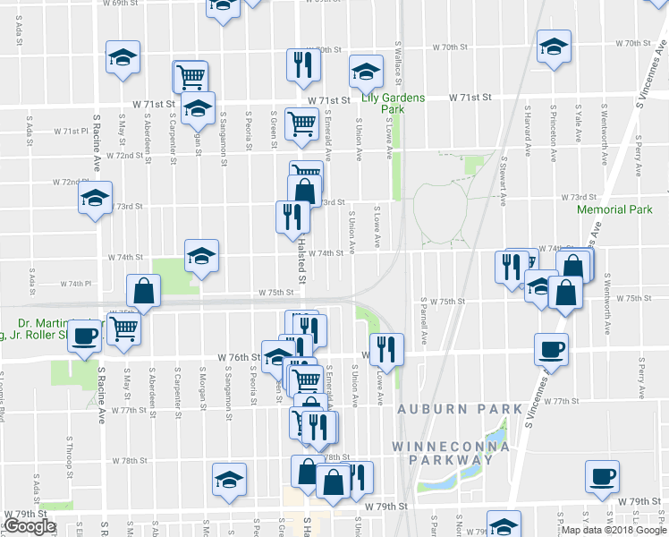 map of restaurants, bars, coffee shops, grocery stores, and more near 7440 South Union Avenue in Chicago
