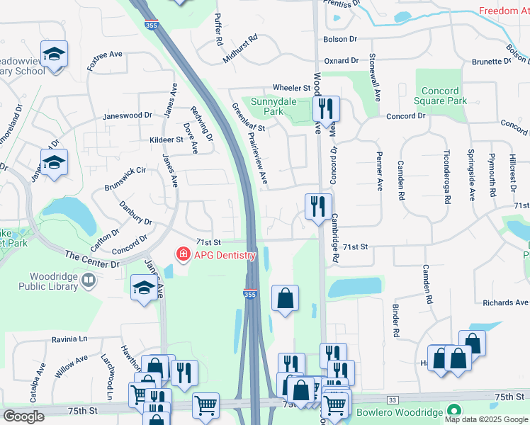 map of restaurants, bars, coffee shops, grocery stores, and more near 7020 Brighton Court in Woodridge