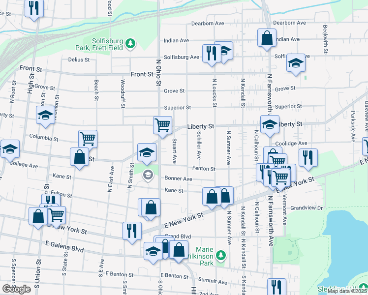 map of restaurants, bars, coffee shops, grocery stores, and more near 215 Trask Street in Aurora