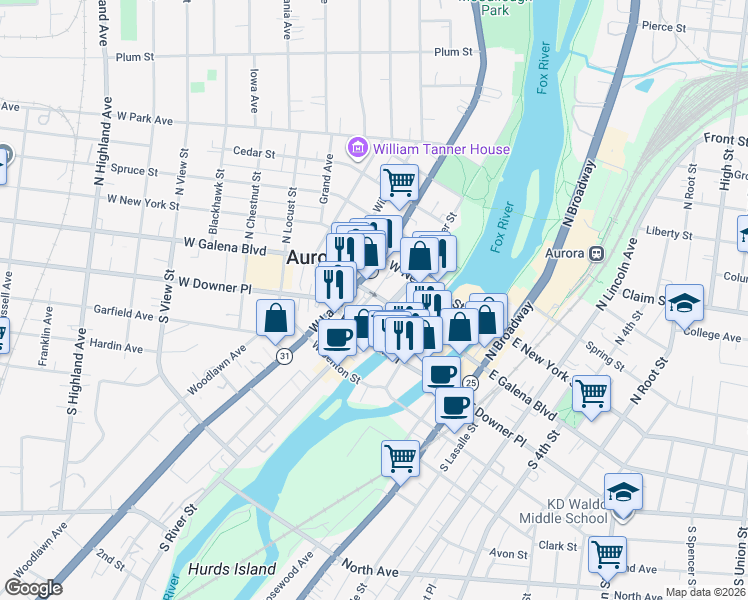 map of restaurants, bars, coffee shops, grocery stores, and more near 40 South River Street in Aurora