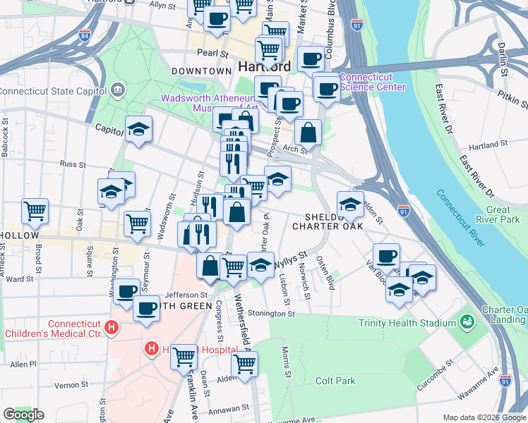 map of restaurants, bars, coffee shops, grocery stores, and more near 33 Charter Oak Place in Hartford