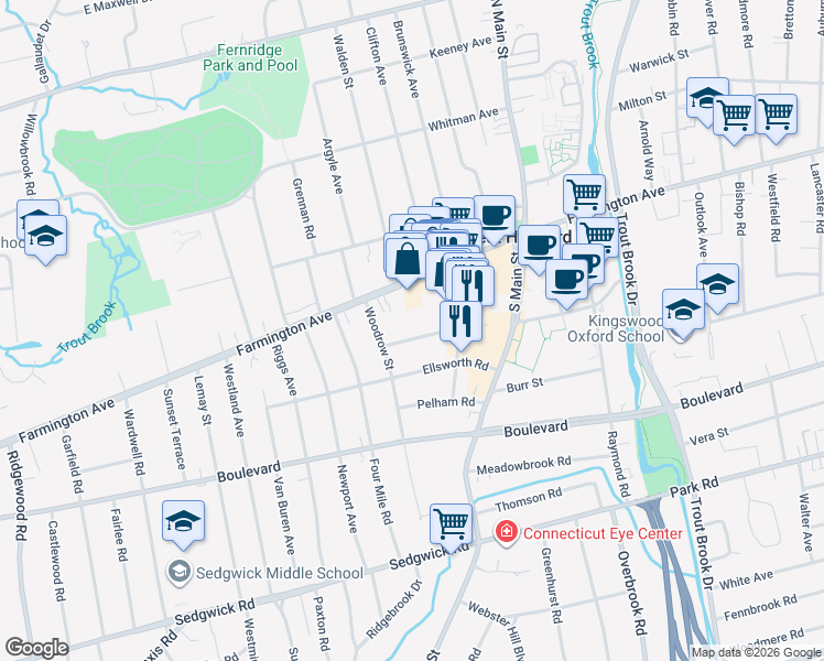 map of restaurants, bars, coffee shops, grocery stores, and more near 52 Woodrow Street in West Hartford