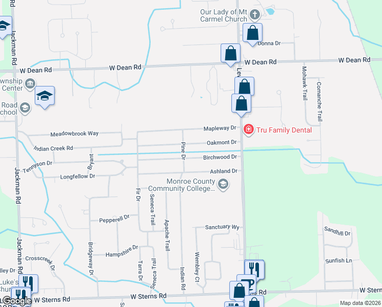 map of restaurants, bars, coffee shops, grocery stores, and more near 1151 Birchwood Drive in Temperance