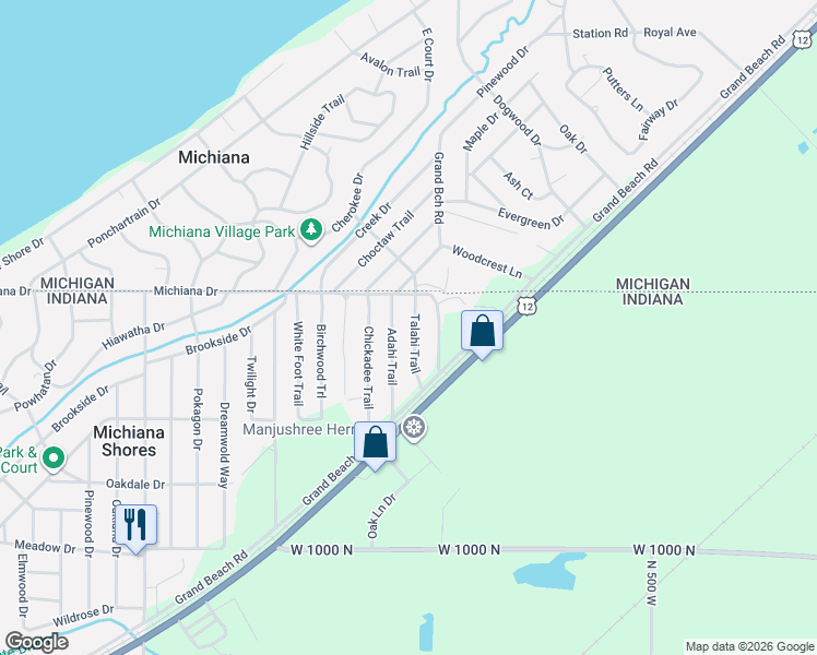 map of restaurants, bars, coffee shops, grocery stores, and more near 203 Talahi Trail in Michigan City