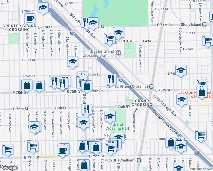 map of restaurants, bars, coffee shops, grocery stores, and more near 931 East 75th Street in Chicago