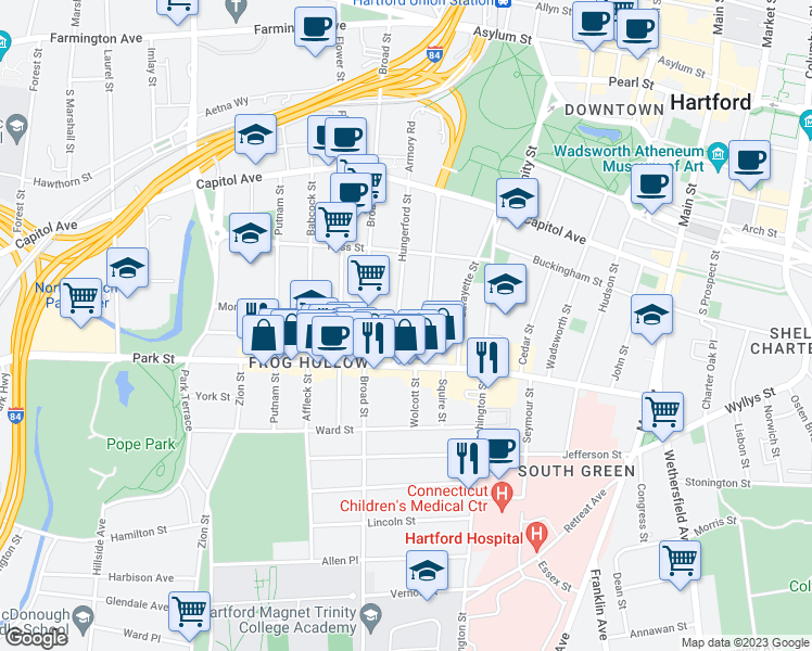 map of restaurants, bars, coffee shops, grocery stores, and more near 21 Grand Street in Hartford