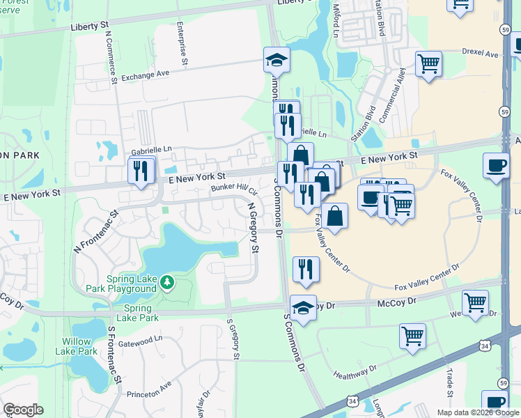 map of restaurants, bars, coffee shops, grocery stores, and more near 322 Bunker Hill Circle in Aurora