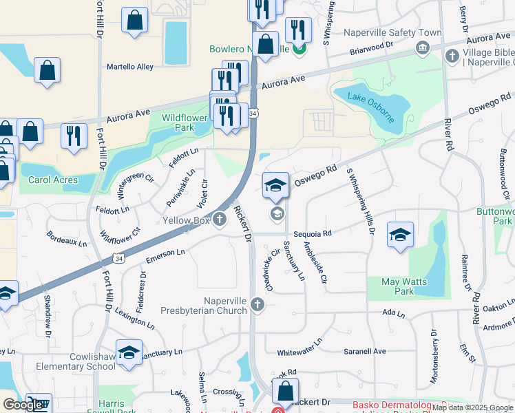 map of restaurants, bars, coffee shops, grocery stores, and more near 808 Rickert Drive in Naperville