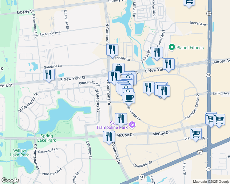 map of restaurants, bars, coffee shops, grocery stores, and more near 4024 Fox Valley Center Road in Aurora