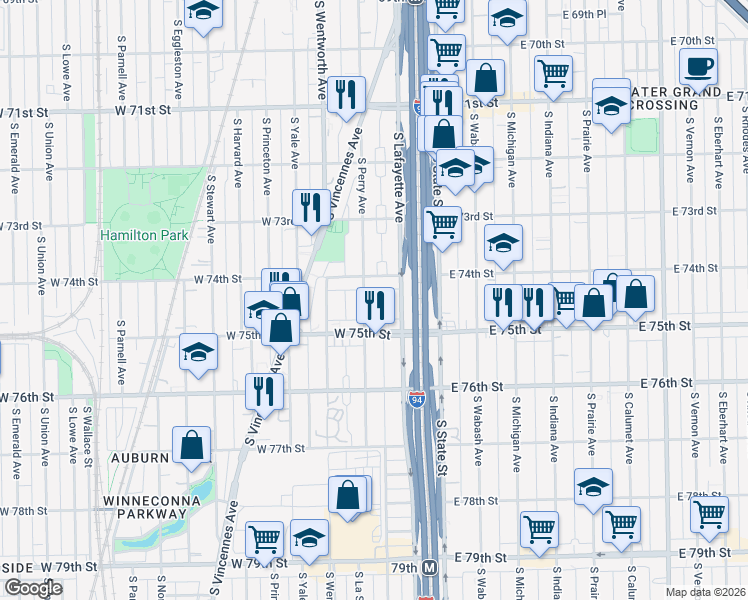 map of restaurants, bars, coffee shops, grocery stores, and more near 58 West 75th Street in Chicago