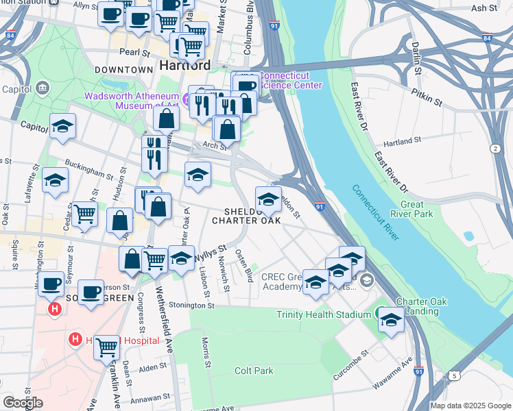 map of restaurants, bars, coffee shops, grocery stores, and more near 10 Columbus Boulevard in Hartford