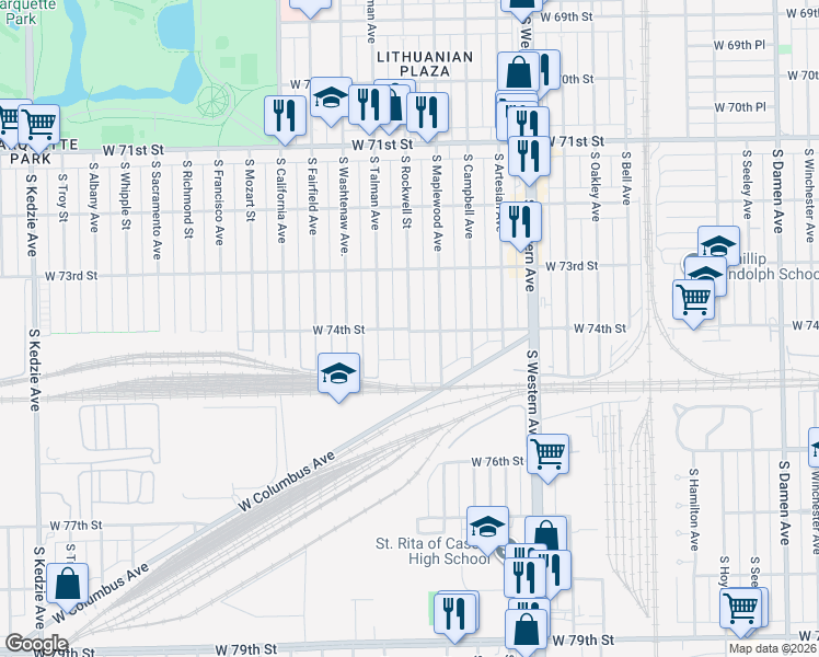 map of restaurants, bars, coffee shops, grocery stores, and more near S Rockwell St & W 74th St in Chicago