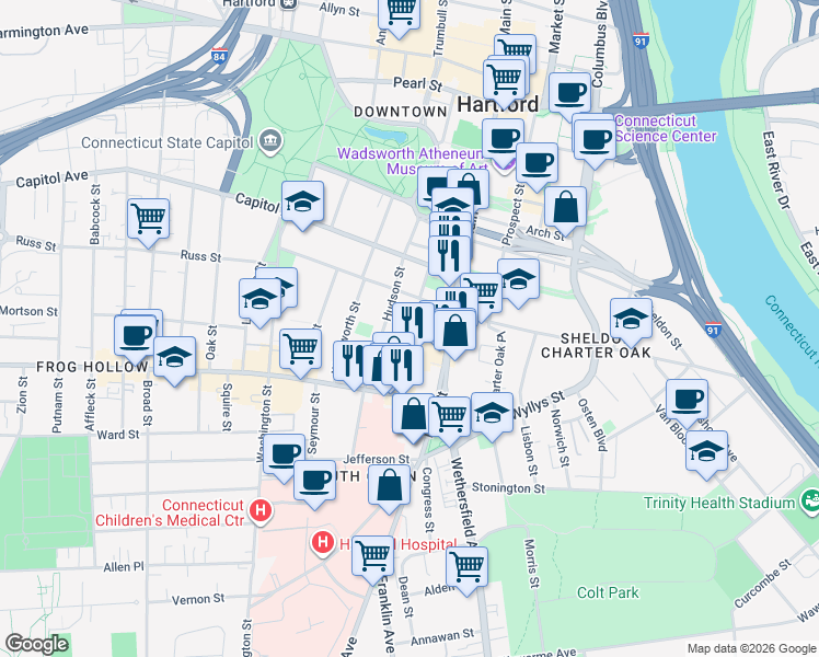 map of restaurants, bars, coffee shops, grocery stores, and more near 44 John Street in Hartford