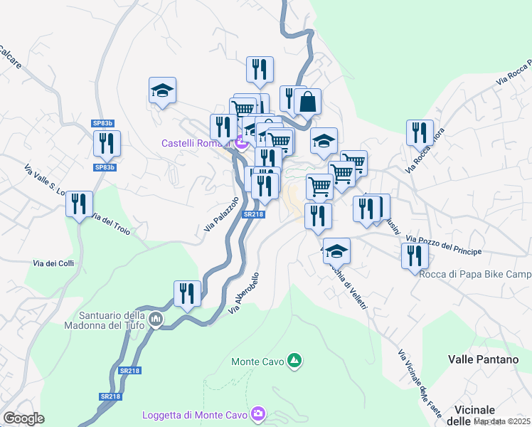 map of restaurants, bars, coffee shops, grocery stores, and more near 29 Viale Madonna del Tufo in Rocca di Papa