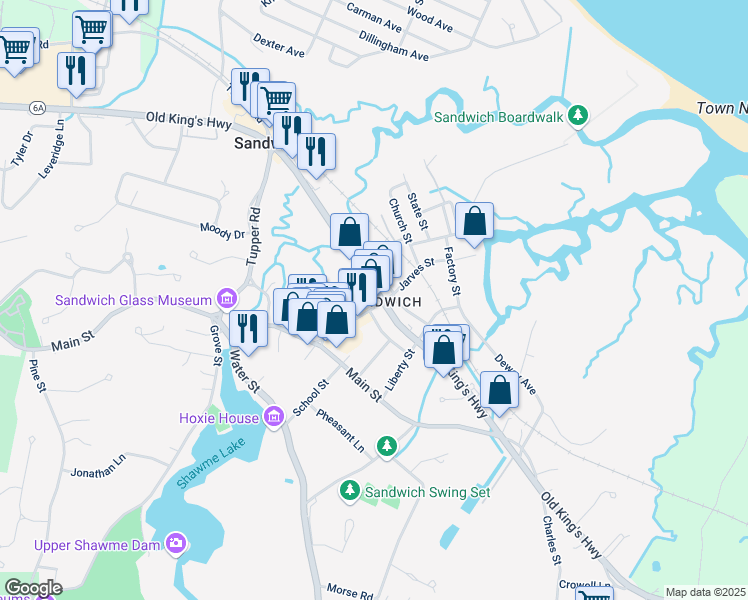 map of restaurants, bars, coffee shops, grocery stores, and more near 127 Massachusetts 6A in Sandwich