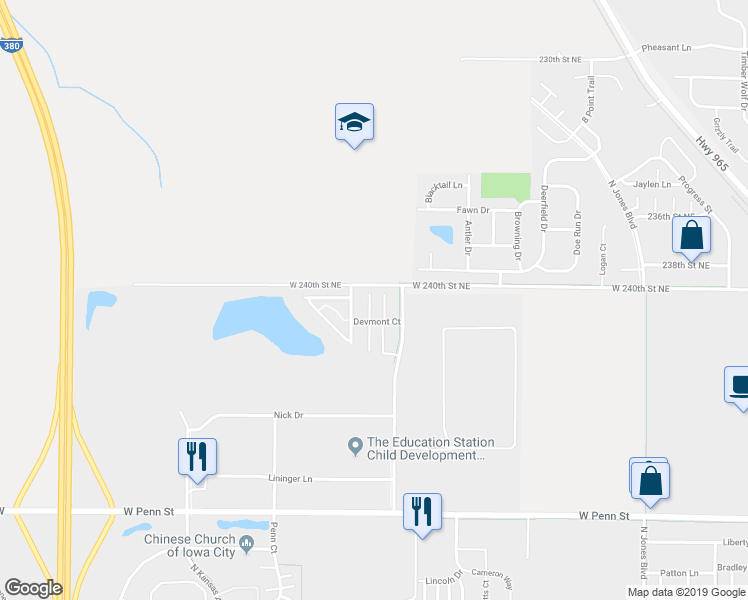 map of restaurants, bars, coffee shops, grocery stores, and more near 1250 Delaney Court in North Liberty