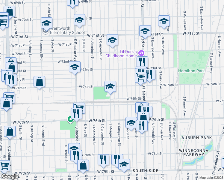 map of restaurants, bars, coffee shops, grocery stores, and more near 7411 South Morgan Street in Chicago