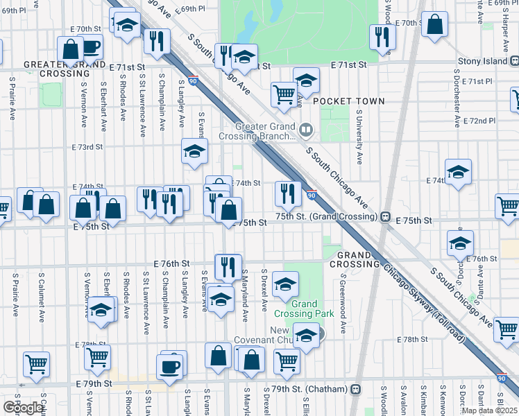 map of restaurants, bars, coffee shops, grocery stores, and more near 7438 South Drexel Avenue in Chicago