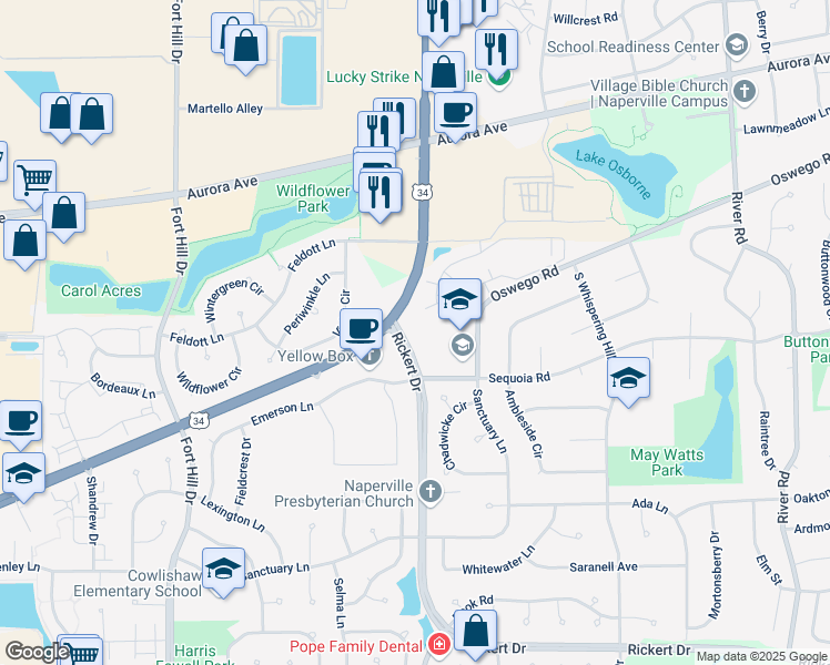 map of restaurants, bars, coffee shops, grocery stores, and more near 808 Rickert Drive in Naperville