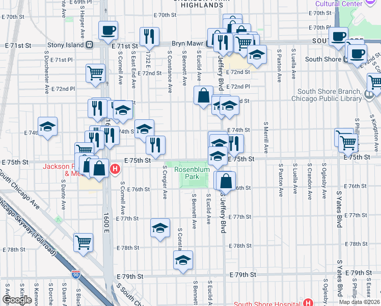 map of restaurants, bars, coffee shops, grocery stores, and more near 7449 South Bennett Avenue in Chicago