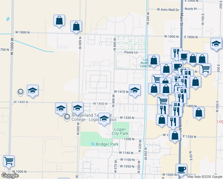 map of restaurants, bars, coffee shops, grocery stores, and more near 1520 North 450 West in Logan